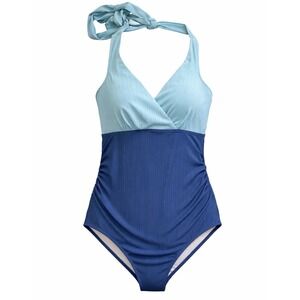 Summer Mae Womens Blue Colorblock Ribbed Halter One Piece Swimsuit Size 12 NWOT